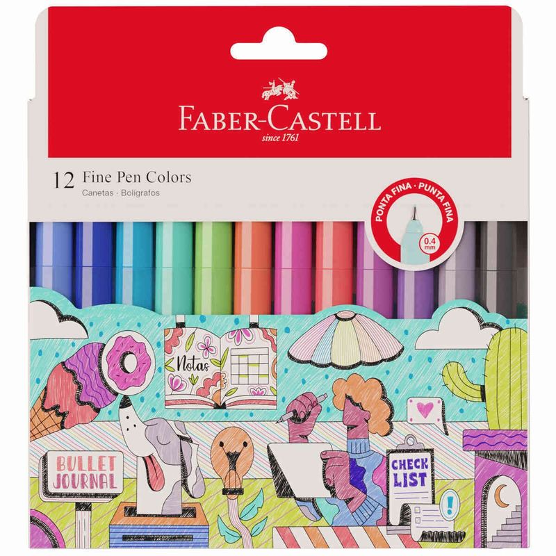 caneta hidrográfica faber-castell fine pen colors 0.4mm 12 cores