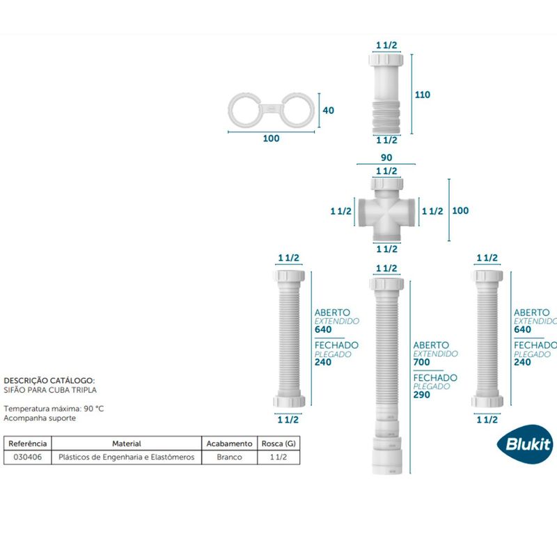 kit conexão blukit tubo extensivo sifão para cuba tripla branco (mp)