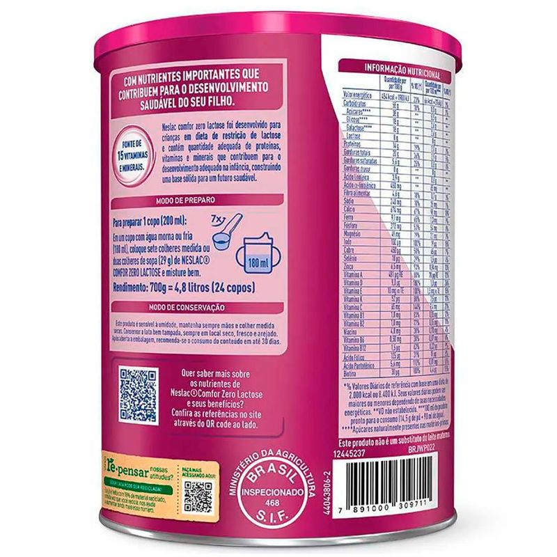 composto lácteo neslac comfor zero lactose nestlé de 3 a 5 anos 700g