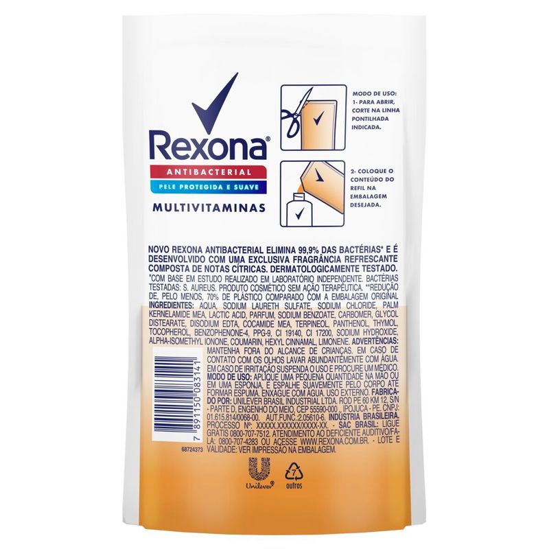 refil sabonete líquido rexona antibacterial multivitaminas 200ml