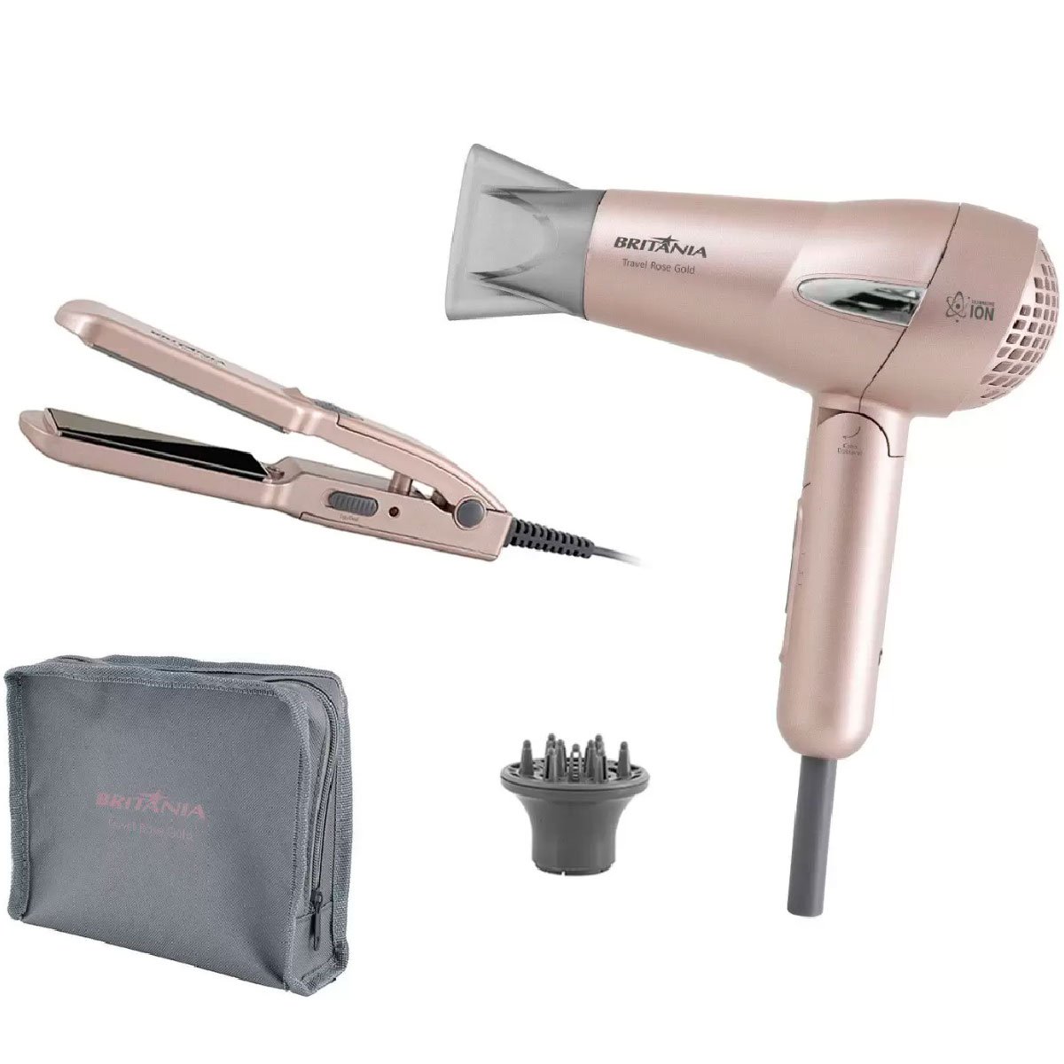 Kit Secador E Prancha Britânia Travel Bivolt 1200W Rose Gold