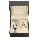 relógio feminino champion com kit de joias ch27158w analógico pulseira de aço prateado e dourado