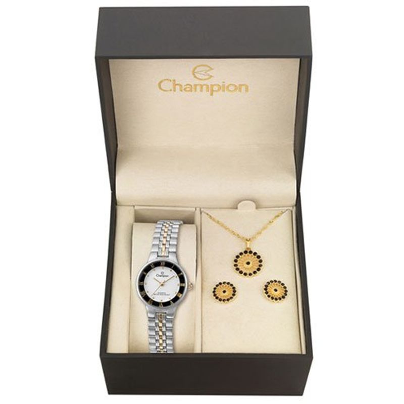relógio feminino champion com kit de joias ch27158w analógico pulseira de aço prateado e dourado