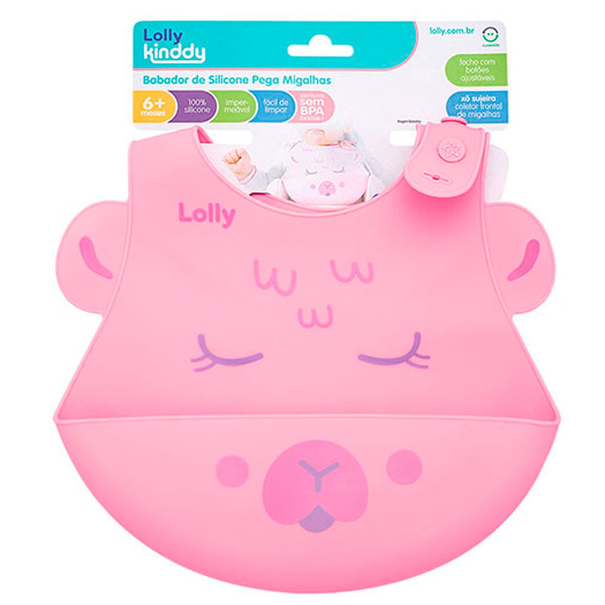 Encontraproduto.com.br - Babador Lolly Kinddy Pega-Migalhas Rosa Silicone 1 Unidade