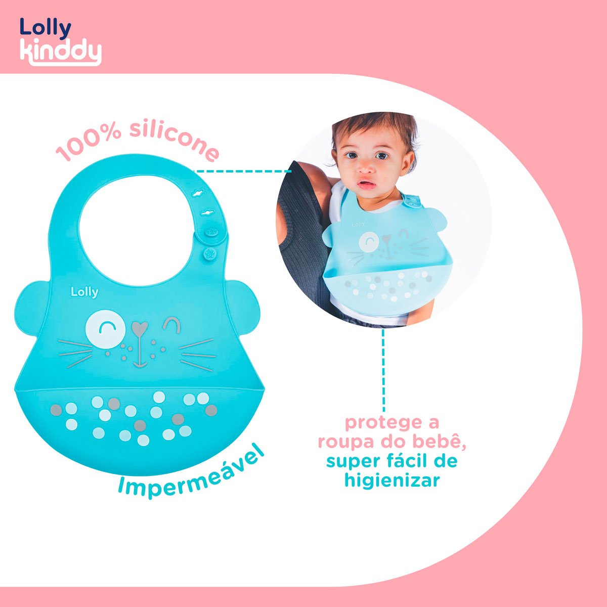 Encontraproduto.com.br - Babador Infantil Lolly Kinddy Azul Pega-Migalhas Silicone 1 Unidade
