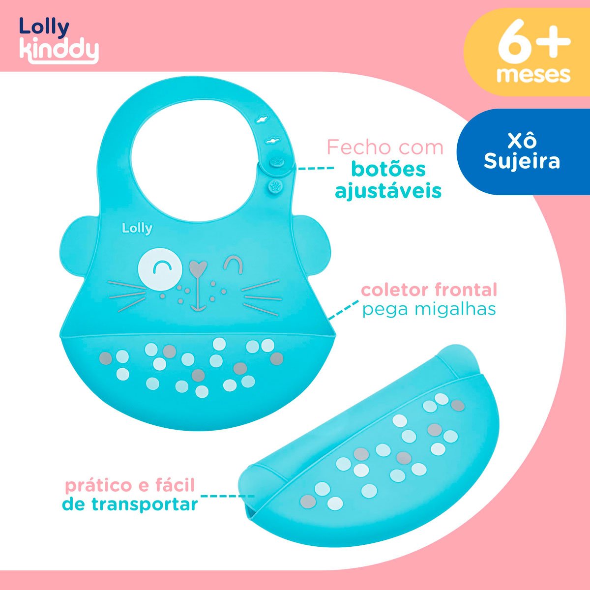 Encontraproduto.com.br - Babador Infantil Lolly Kinddy Azul Pega-Migalhas Silicone 1 Unidade