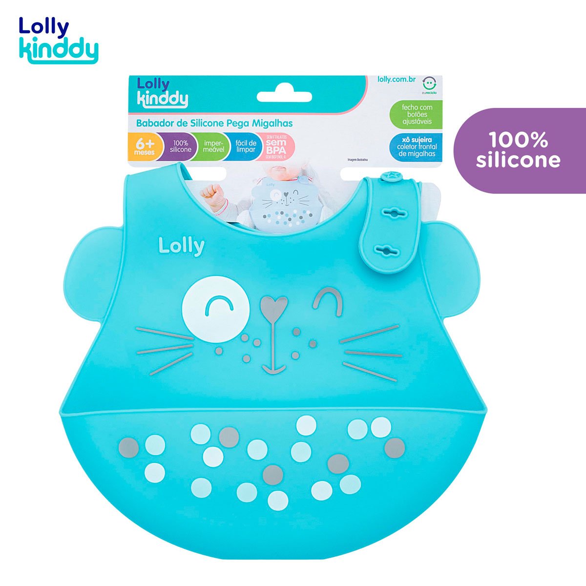 Encontraproduto.com.br - Babador Infantil Lolly Kinddy Azul Pega-Migalhas Silicone 1 Unidade