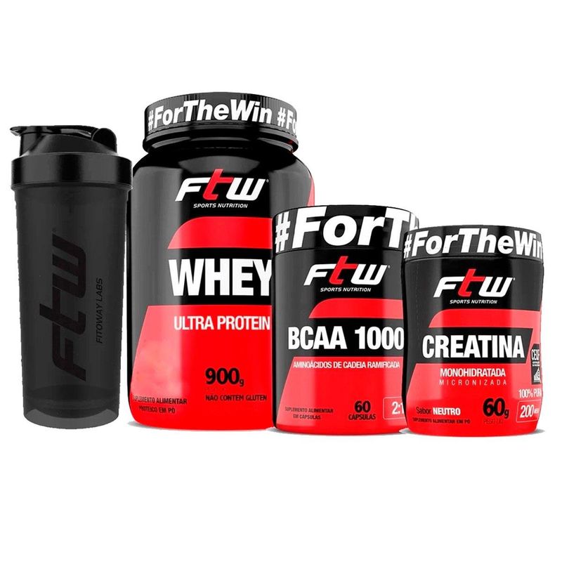 kit iniciante ftw - whey ultra protein morango 900g + creatina 60g + bcaa 60 cápsulas + coqueteleira (mp)