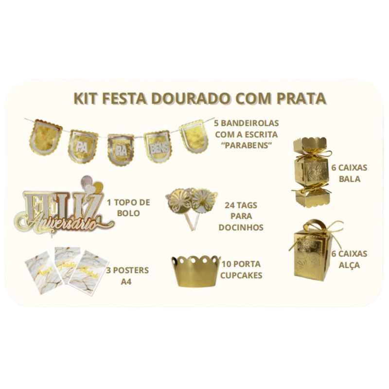 kit festa decorativo premium dourado 55 peças (mp)