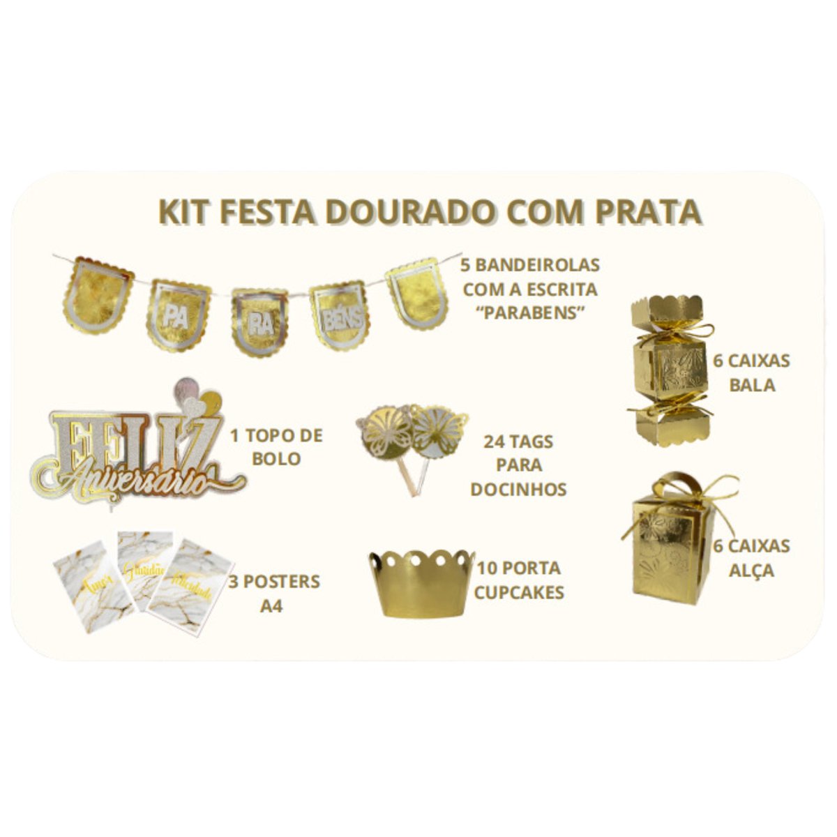 Kit Festa Decorativo Premium Dourado 55 peças (MP)