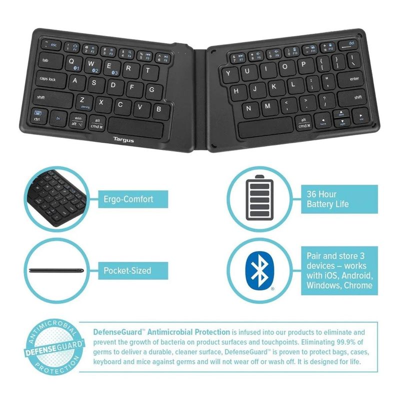teclado targus sem fio bluetooth dobrável ergonômico preto (mp)
