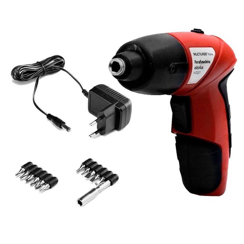 parafusadeira elétrica multilaser bivolt com lâmpada de led e kit com 11 bits vermelho (mp)