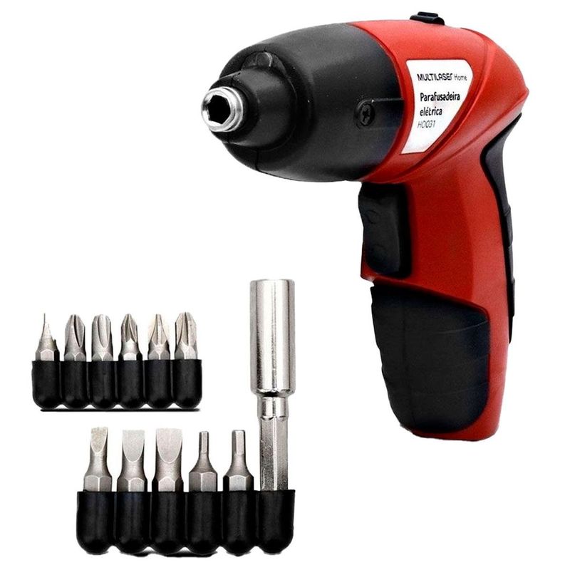 parafusadeira elétrica multilaser bivolt com lâmpada de led e kit com 11 bits vermelho (mp)