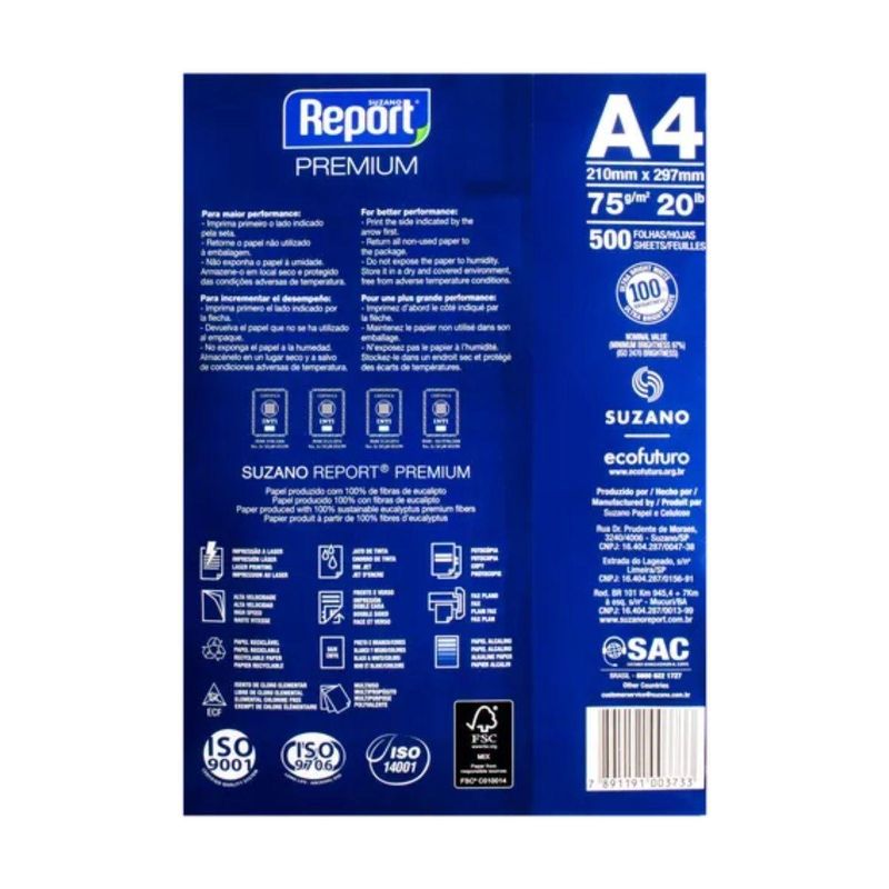 resma de papel a4 suzano premium 500 folhas report 75g branco (mp)