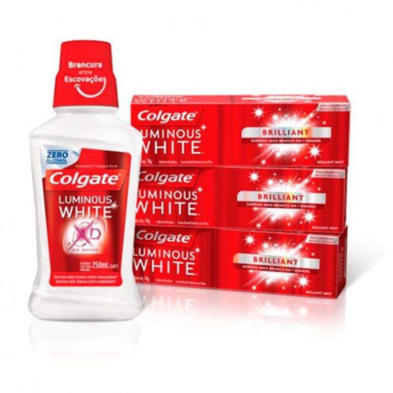 kit colgate creme dental luminous white 3 unidades 70g + 1 enxaguante bucal