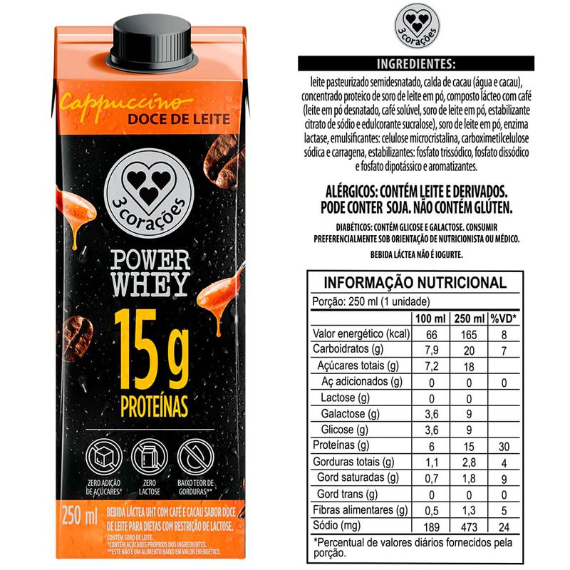 bebida láctea 3 corações power whey cappuccino doce de leite 250ml