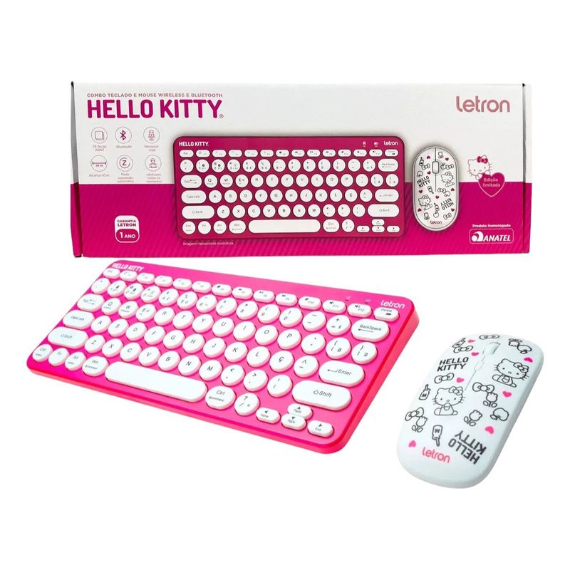 teclado e mouse wireless letron e bluetooth hello kitty (mp)