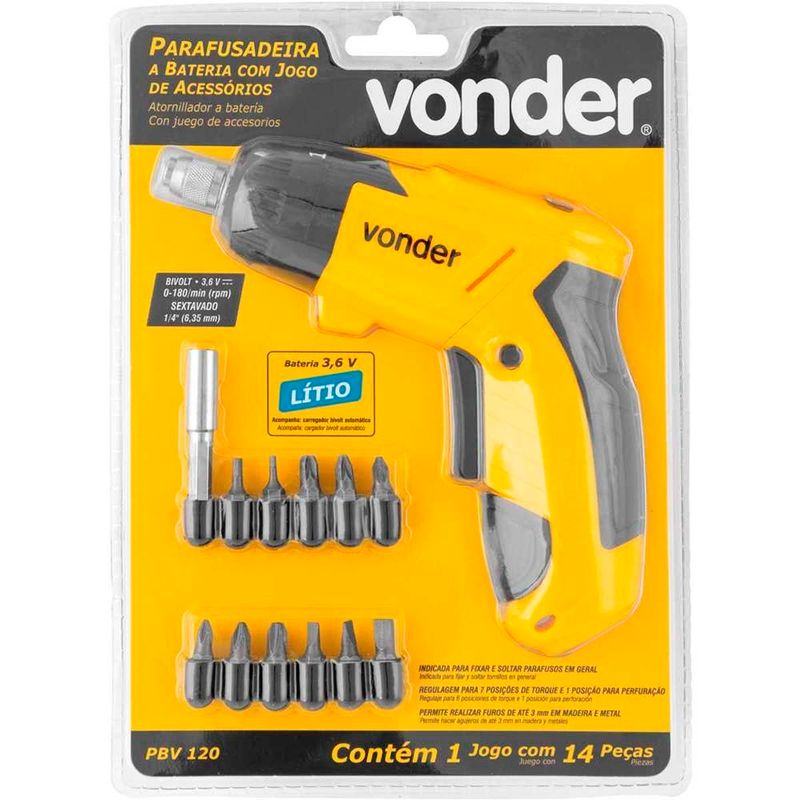 parafusadeira kit 12 peças vonder a bateria 3,6v bivolt pbv120 (mp)