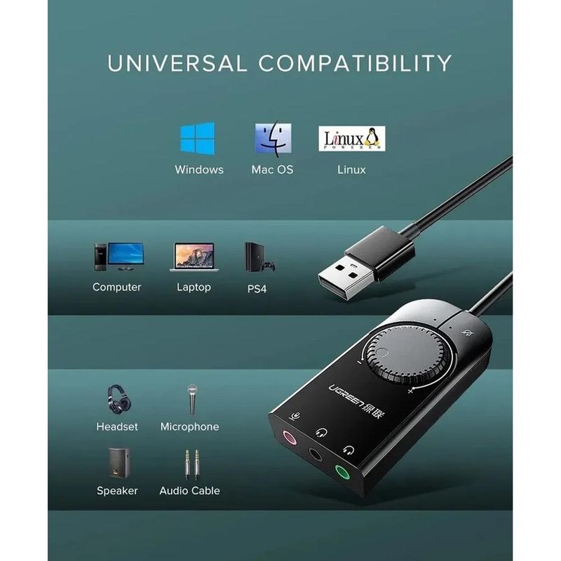 adaptador usb ugreen para p2 com controle de volume cm129 (mp)