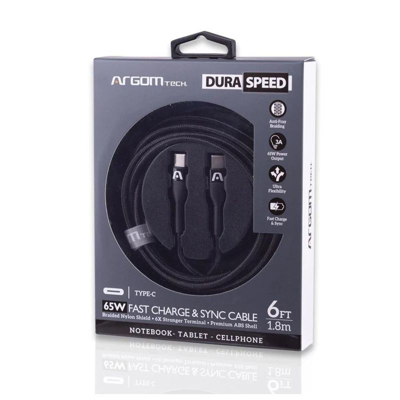 cabo usb-c argom para usb-c 1.8m dura speed nylon fast 65w preto (mp)