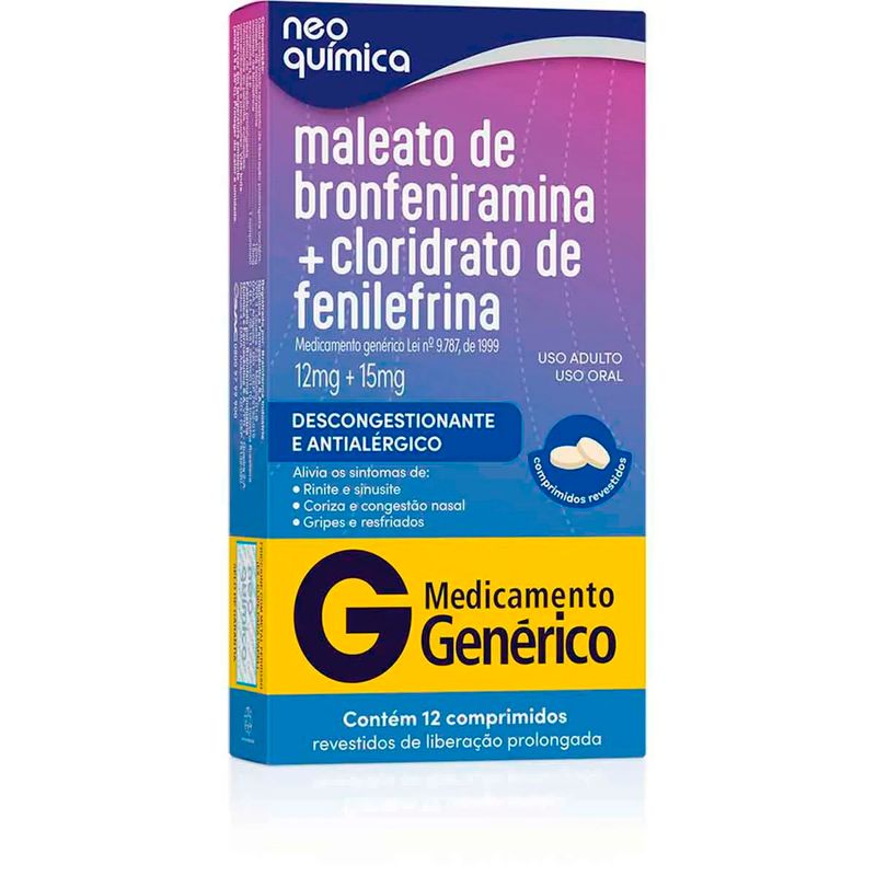 maleato de bronfeniramina+ cloridrato de fenilefrina 12+15mg 12 comprimidos revestidos de liberação prolongada neo quimica