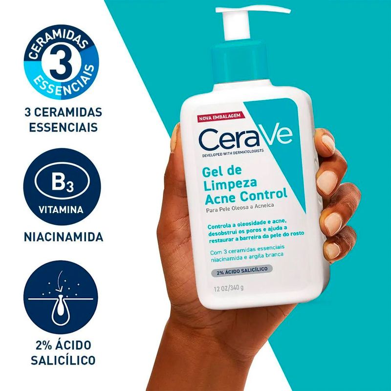 gel de limpeza cerave acne control pele oleosa a acneica 340g