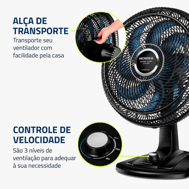 ventilador de mesa super turbo mondial com 8 pás 127v vtx-40-chrome preto e azul (mp)