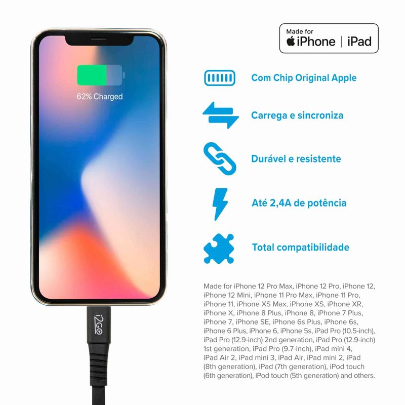 cabo usb-a para lightning i2go 1,2m preto bl074