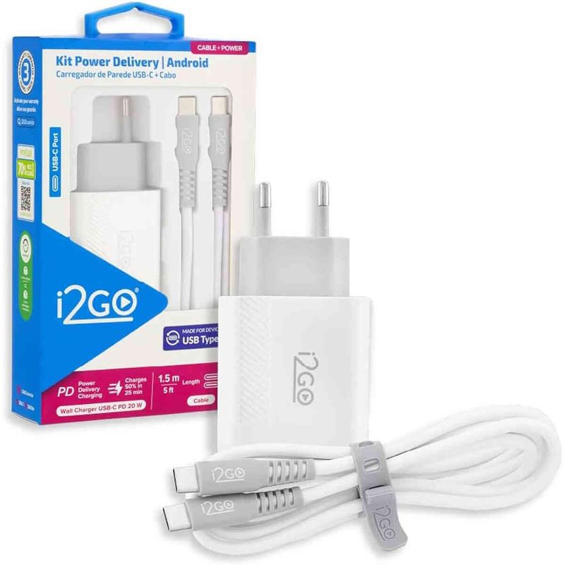 kit carregador i2go usb-c para usb-c 1,5m 20w branco