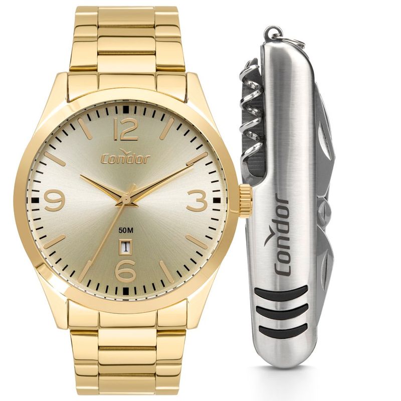 kit relógio masculino condor dourado co2115mxj/k4x