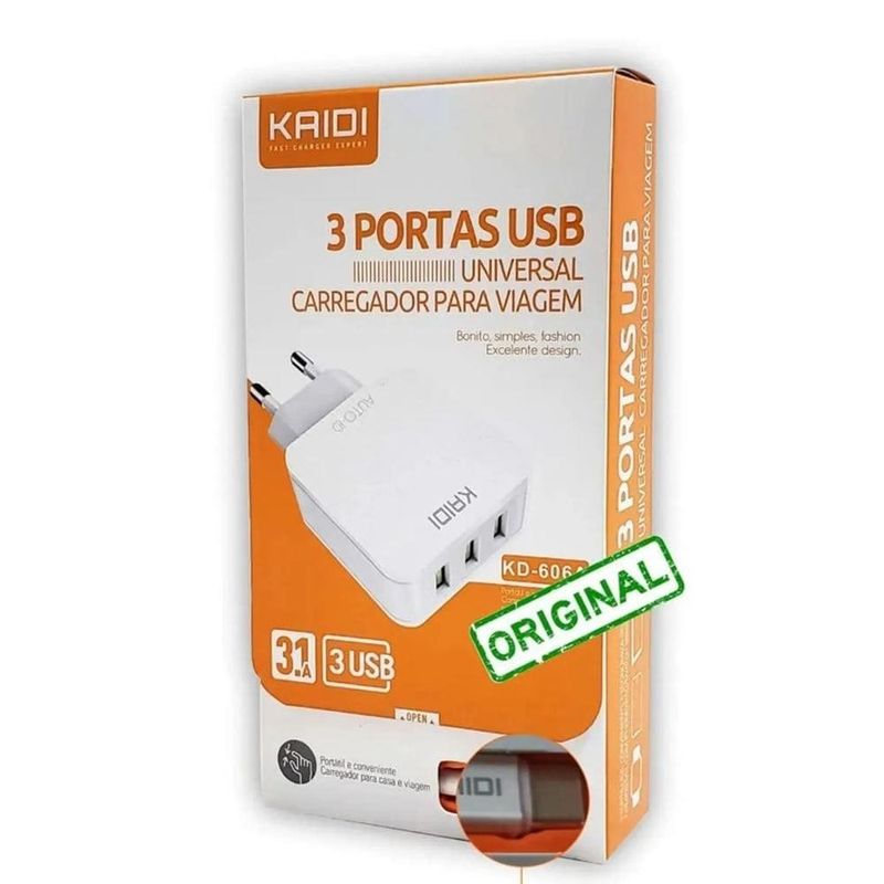 carrega e cabo kaidi tipo c 3 saídas usb (mp)