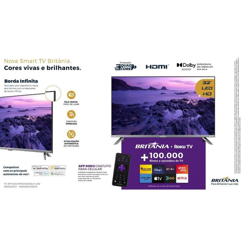smart tv britânia 32" led hd roku dolby áudio btv32g7pr2csgblg (mp)