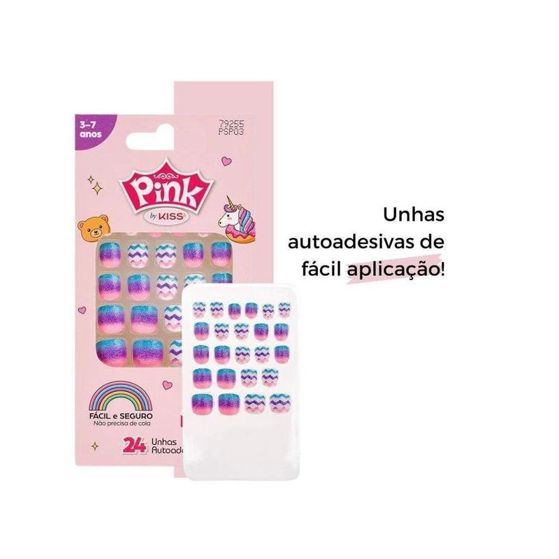 unhas postiças kiss infantil pink 7 autoadesivas (mp)