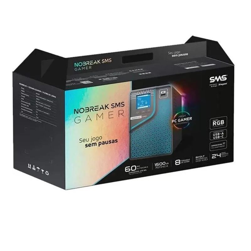 nobreak sms 2000va gamer entrada bivolt e saida:115v wi-fi display lcd rgb e conexão para bateria externa 29601 (mp)