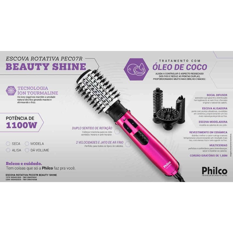 escova rotativa philco beauty shine 1100w rosa pec07r