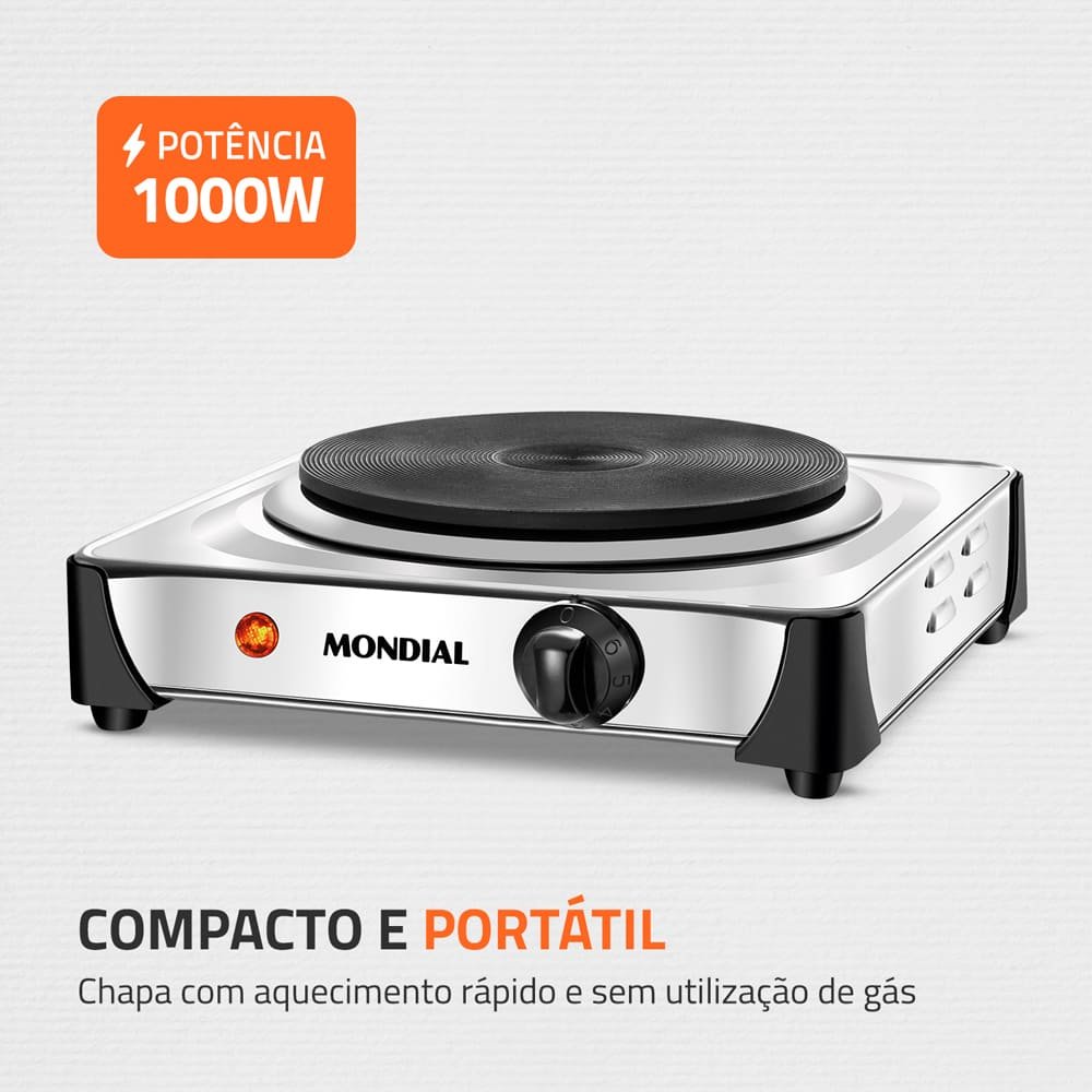 Fogão Elétrico de Mesa 1 Boca Mondial Fast Cook Inox 127V - FE04