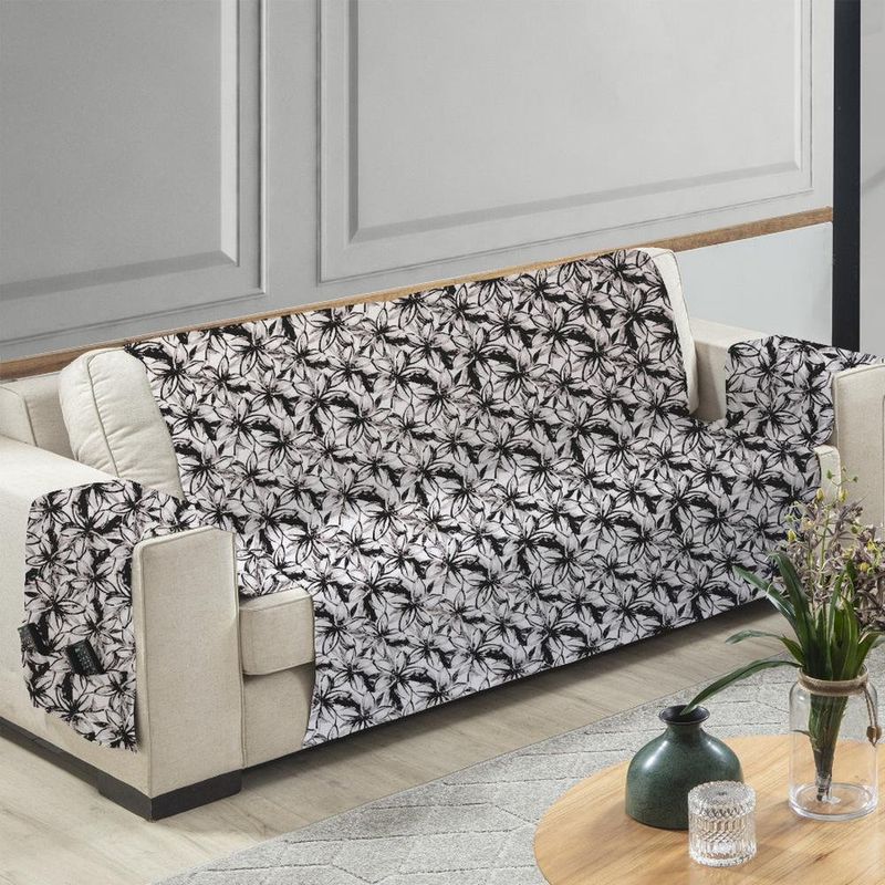 protetor branyl sofá home decor 03 lugares floral preto (mp)