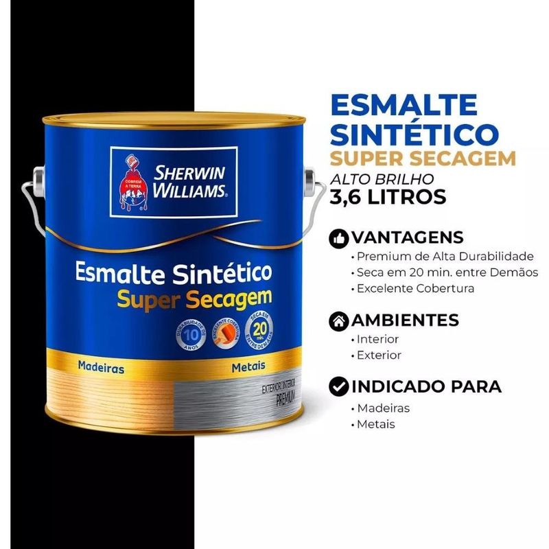 tinta esmalte sintético sherwin-williams premium alto brilho super secagem 3,6l 7510301 preto (mp)