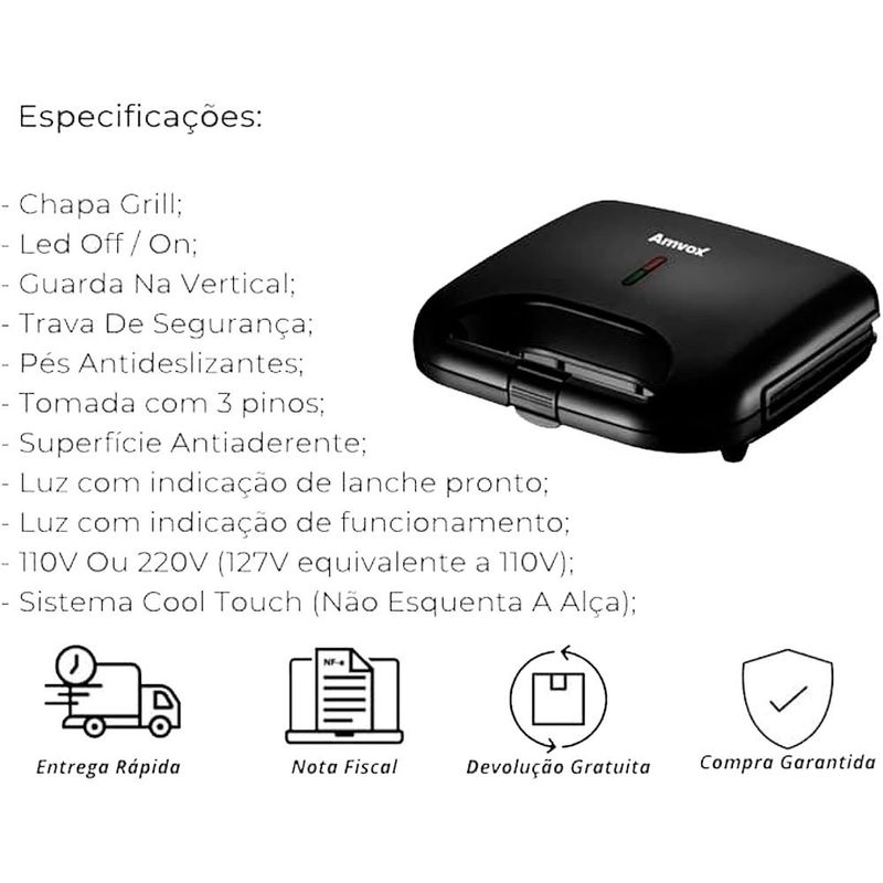 sanduicheira amvox ams370 750w preto (mp)