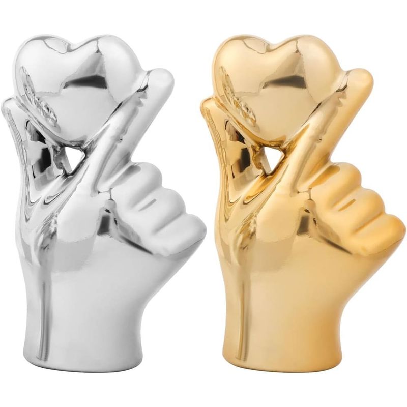 estátuas decorativas 2 peças gesto de amor yunjuhop dourado prata a-bi