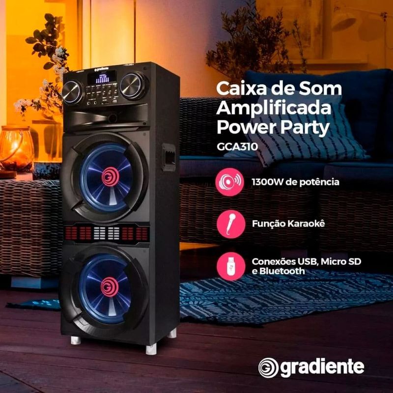 caixa de som torre 10" 2x woofers gradiente 1300w bivolt gca310 preto (mp)