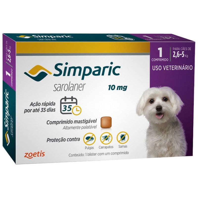 antipulgas e carrapatos simparic para cães 1 comprimido 10mg 2,6 a 5kg (mp)