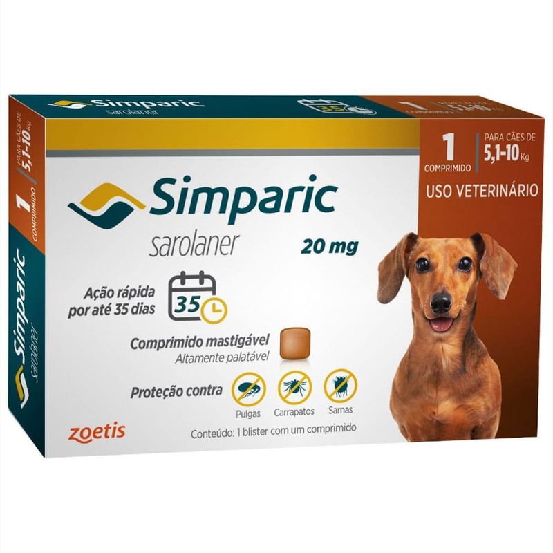antipulgas e carrapatos simparic para cães 1 comprimido 20mg 5,1 a 10kg (mp)