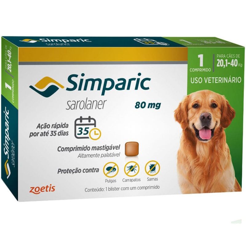 antipulgas e carrapatos simparic para cães 1 comprimido 80mg 20,1 a 40kg (mp)