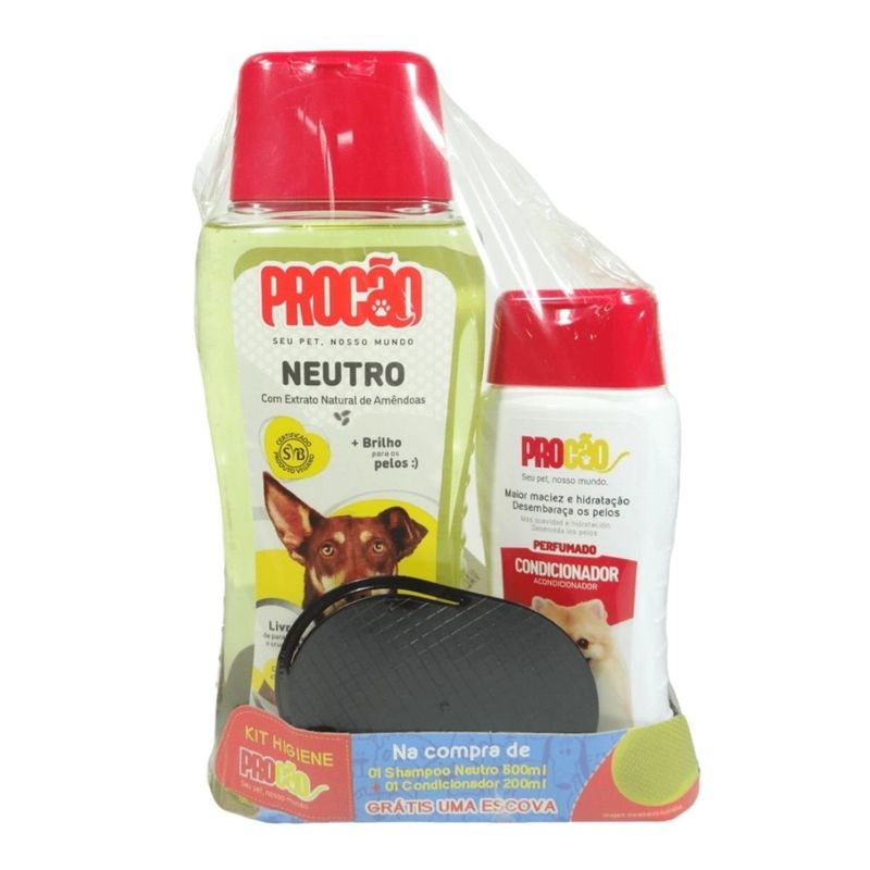 kit de higiene para cães e gatos procão shampoo 500ml condicionador 200ml escova de brinde (mp)
