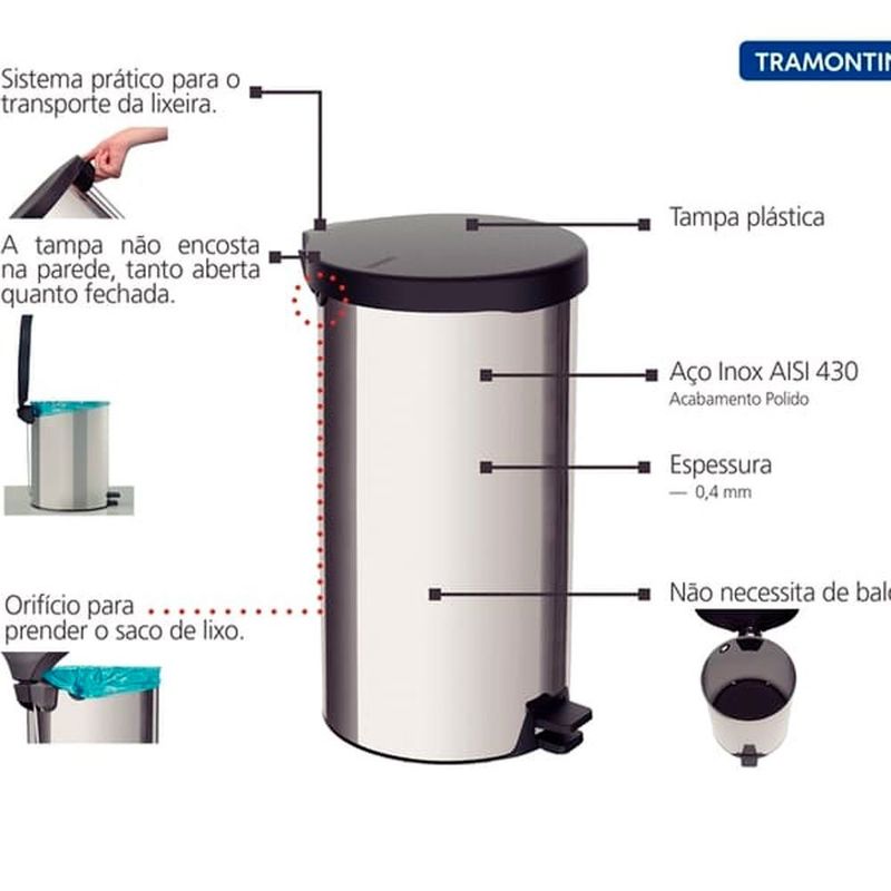 lixeira inox com pedal 20 litros tramontina new (mp)