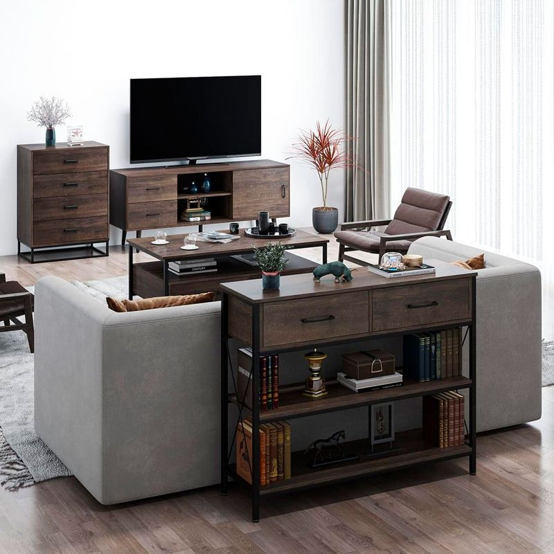 mesa aparador hithos estilo industrial com gavetas marrom escuro a-bi