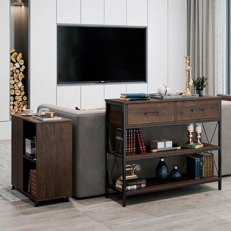 mesa aparador hithos estilo industrial com gavetas marrom escuro a-bi