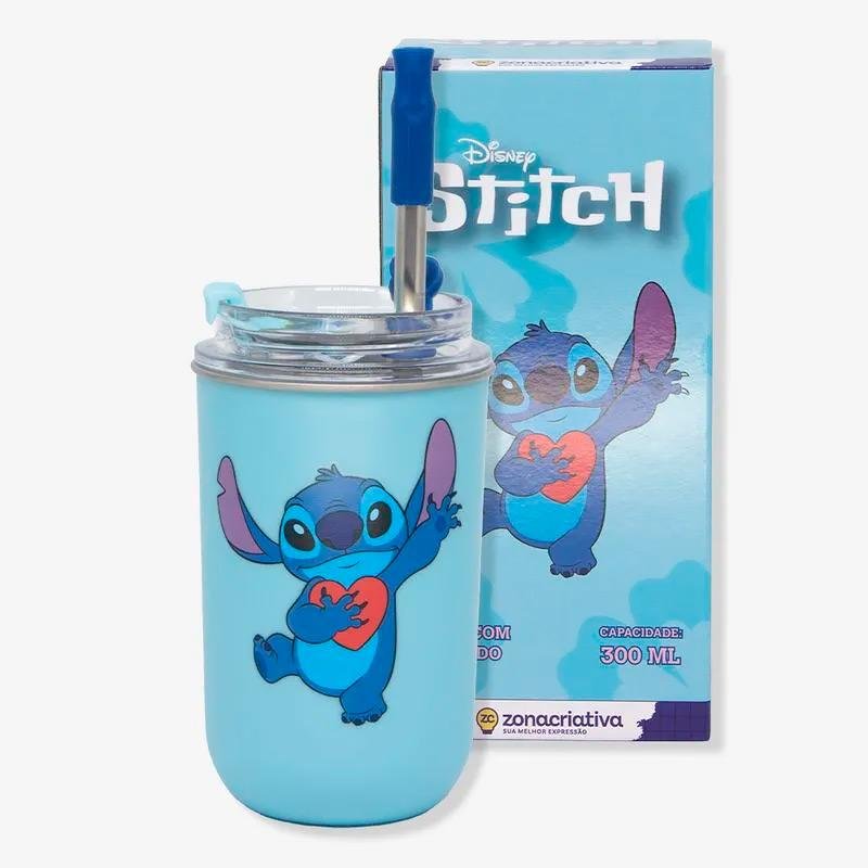 copo neo stitch namorados zonacriativa com canudo 300ml (mp)