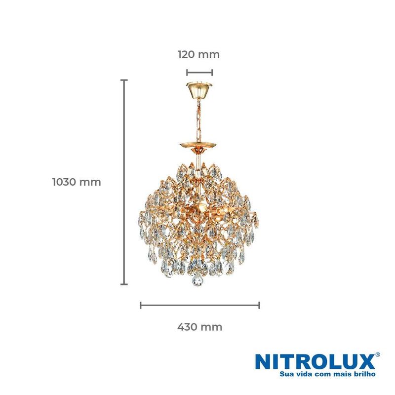 lustre pendente nitrolux cristal 48w e14x6 bivolt ltb-001 dourado (mp)